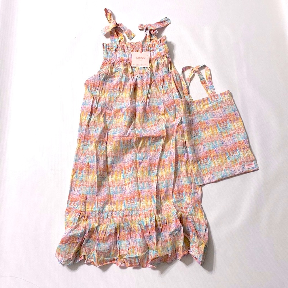 Lison Pastel Rainbow Tie-Shoulder Sundress with Matching Tote